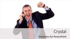  Presentation with phone - Slides enhanced with career satisfaction - happy business man with cellular background and a light gray colored foreground