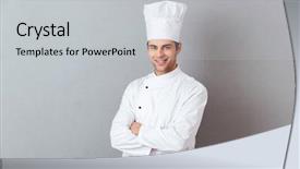  Presentation with cheerful - Slides with job advancement - image of cheerful young cook background and a light gray colored foreground