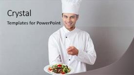  Presentation with cheerful - PPT layouts enhanced with job advancement - image of cheerful young cook background and a light gray colored foreground