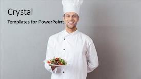  Presentation with salad - Beautiful PPT theme featuring job advancement - picture of happy young cook backdrop and a light gray colored foreground