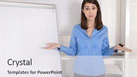  Presentation with flip chart - Amazing presentation theme having career business promotion white board - solution searching businesswoman standing backdrop and a sky blue colored foreground