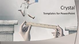  Presentation with gap - Cool new PPT theme with career change - businesswoman jumping over gap risk backdrop and a light gray colored foreground