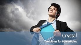  Presentation with superhero - Slide deck featuring career change - image of young businessman showing background and a teal colored foreground