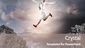  Presentation with gap - Slide set enhanced with career change - image of young businesswoman jumping background and a coral colored foreground