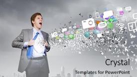  Presentation with acting - Presentation theme consisting of career change - young businessman in suit opening background and a light gray colored foreground