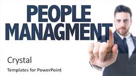  Presentation with people management word cloud - PPT layouts featuring career coach flow - business man pointing the text background and a white colored foreground
