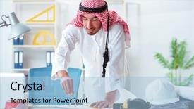  Presentation with project - Cool new theme with career compass - arab engineer working on new backdrop and a  colored foreground