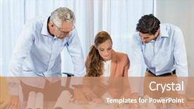  Presentation with coworkers - Cool new slides with career compass - businesswoman and coworkers discussing blueprint backdrop and a  colored foreground