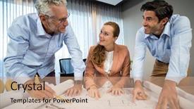  Presentation with coworkers - Presentation theme enhanced with career compass - businesswoman and coworkers discussing blueprint background and a  colored foreground