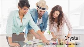  Presentation with dna editing - Cool new PPT theme with career design - smiling coworkers editing photos together backdrop and a soft green colored foreground