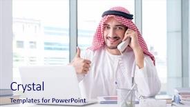  Presentation with arab - Colorful PPT theme enhanced with career excellence - arab businessman working backdrop and a  colored foreground