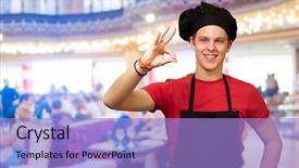 Presentation with for career chef - Audience pleasing PPT theme consisting of career excellence - portrait of chef gesturing indoors backdrop and a  colored foreground