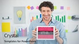  Presentation with digital - Amazing presentation theme having career flow chart - businessman showing digital tablet backdrop and a  colored foreground