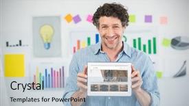  Presentation with tablets wood table tablet white - Beautiful presentation design featuring career flow chart - businessman showing digital tablet backdrop and a light blue colored foreground