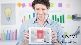  Presentation with digital image - PPT layouts having career flow chart - businessman showing digital tablet background and a light blue colored foreground