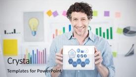  Presentation with white figure graphics - Slide deck featuring career flow chart - businessman showing digital tablet background and a light blue colored foreground