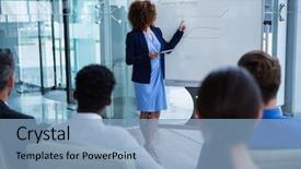  Presentation with coworkers - Theme featuring career flow chart - businesswoman discussing on white board background and a  colored foreground