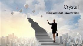  Presentation with fire door - Audience pleasing slide set consisting of businesswoman walking up staircase to door in sky backdrop and a light gray colored foreground