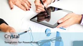  Presentation with business people moving gear - Presentation theme enhanced with career growth - business people discussing background and a light blue colored foreground