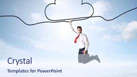  Presentation with career growth - Colorful presentation design enhanced with career growth - businessman hanging on a cloud backdrop and a  colored foreground