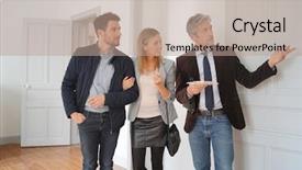 Presentation with real estate purchase - Audience pleasing PPT theme consisting of career guidace - couple with real-estate agent visiting backdrop and a  colored foreground
