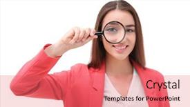  Presentation with beautiful young woman getting face - Audience pleasing PPT theme consisting of career investigation - beautiful young woman with magnifier backdrop and a coral colored foreground