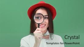  Presentation with color naranjo y blanco - Colorful presentation design enhanced with career investigation - beautiful young woman with magnifier backdrop and a seafoam green colored foreground