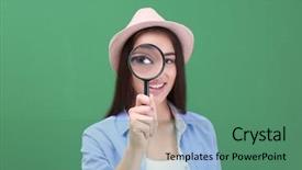  Presentation with investigation - Slide set having career investigation - beautiful young woman with magnifier background and a ocean colored foreground