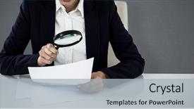  Presentation with looking glass - Cool new PPT layouts with career investigation - businesswoman looking at document backdrop and a light gray colored foreground