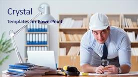  Presentation with engineering engineer or safety officer - Slide deck with career investigation - engineer supervisor working on drawings background and a  colored foreground