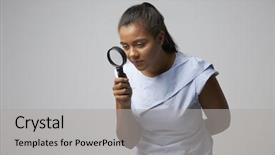  Presentation with magnifying glass - PPT theme consisting of career investigation - portrait of female criminologist background and a light gray colored foreground