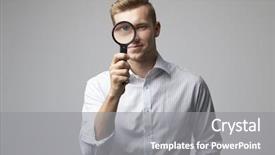  Presentation with magnifying glass - Theme having career investigation - portrait of male criminologist background and a gray colored foreground