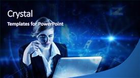  Presentation with laptop - Presentation consisting of career investigation - redhead businesswoman using her laptop background and a navy blue colored foreground