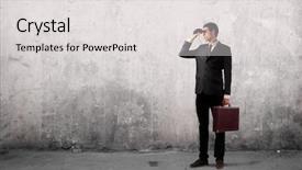  Presentation with binoculars at a lookout point - Theme enhanced with career opportunities - young businessman using binoculars background and a  colored foreground