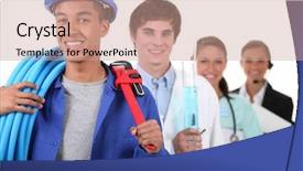  Presentation with plumber - Slide deck consisting of career options - four different professions with focus background and a coral colored foreground