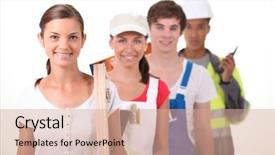  Presentation with career - PPT theme with career options - four young people illustrating different background and a coral colored foreground