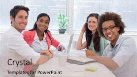  Presentation with five business people standing together and smiling - Beautiful slide set featuring career plans - business people having a meeting backdrop and a coral colored foreground