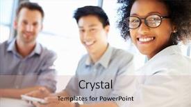  Presentation with working together - Cool new theme with three business professionals working together backdrop and a coral colored foreground