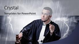  Presentation with judge - Colorful slide set enhanced with career powerpoints - young handsome judge with stormy backdrop and a light gray colored foreground