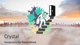  Presentation with career path - Presentation design with career progression concept on paint splashes against dusty path in desert leading to city background and a soft green colored foreground