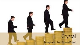  Presentation with money - Audience pleasing theme consisting of career progressive - businessman on money staircase isolated backdrop and a yellow colored foreground