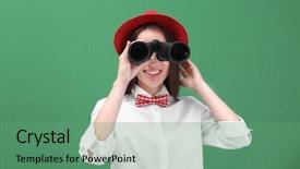  Presentation with binocular - Beautiful slide deck featuring career search investigation - beautiful young woman with binocular backdrop and a seafoam green colored foreground