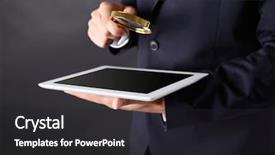  Presentation with blonde holds a magnifying glass - Slide set with career search investigation - businessman holding magnifying glass background and a dark gray colored foreground