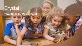  Presentation with looking glass - Audience pleasing PPT theme consisting of career search investigation - cute pupils looking through magnifying backdrop and a coral colored foreground