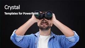  Presentation with binocular - Presentation design with career search investigation - handsome young man with binocular background and a black colored foreground