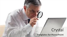  Presentation with detective magnifying glass - Presentation design enhanced with career search investigation - mature businessman examining with magnifying background and a light gray colored foreground