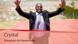  Presentation with starting line red running track - Beautiful theme featuring career success - successful businessman crossing the finishing backdrop and a coral colored foreground