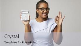  Presentation with portrait of excited overjoyed female - Cool new PPT theme with career success african american women - studio portrait of female accountant backdrop and a lemonade colored foreground