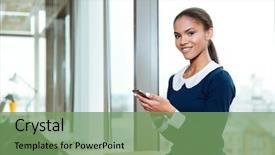  Presentation with afro - Slide deck featuring career success women - afro business woman in dress background and a seafoam green colored foreground