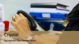  Presentation with stamps - Slides with career success women color - busy desk with phone files background and a coral colored foreground